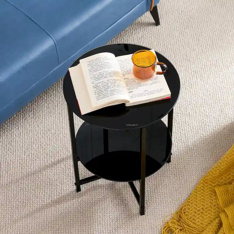 2-layer Round Tempered Glass End Table/Coffee Table with Iron Frame