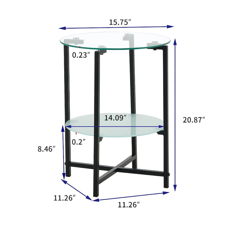 2-layer Round Tempered Glass End Table/Coffee Table with Iron Frame