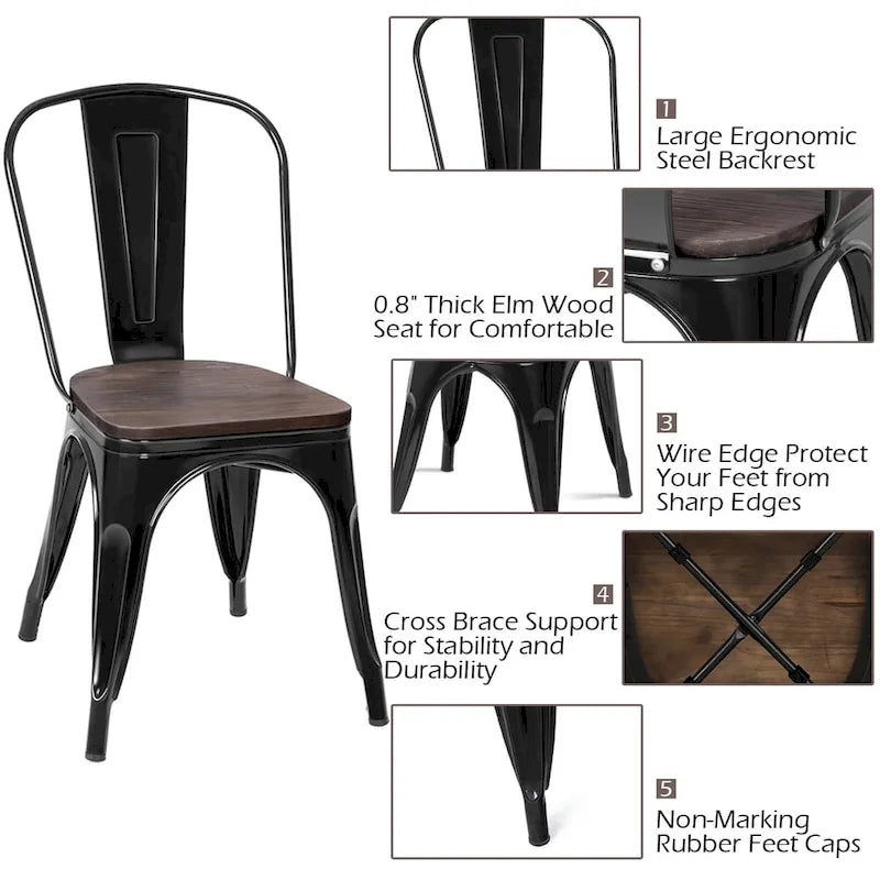 Set of 4 Stackable Bistro Cafe Dining Chair Metal Frame and Wood Seat - See Descriptions