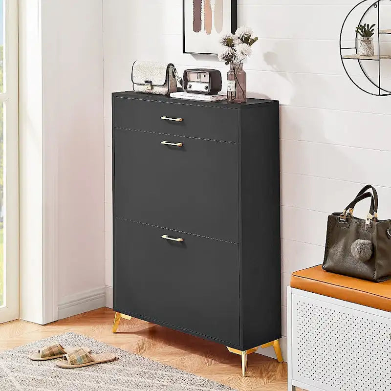 Wood Modern Shoe Cabinet with Flip-Top Drawers