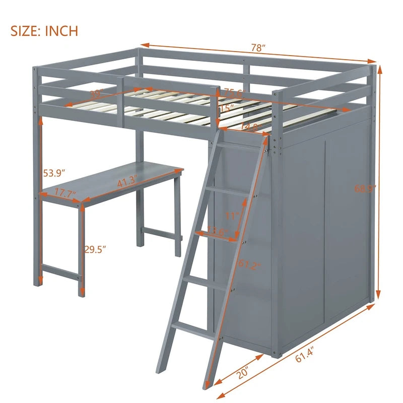 Merax Loft Bed with Wardrobe and Desk and Shelves