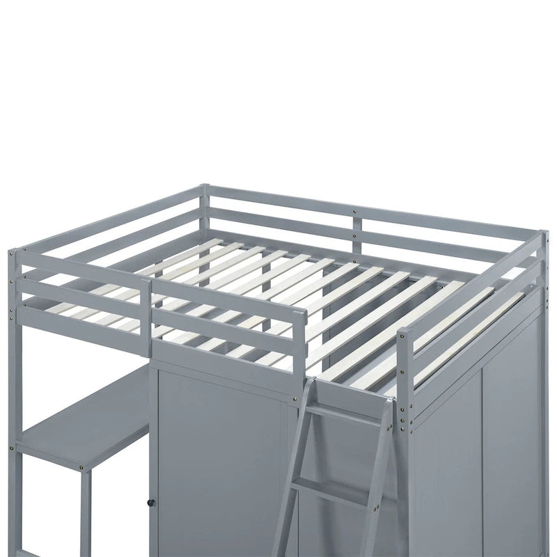 Merax Loft Bed with Wardrobe and Desk and Shelves