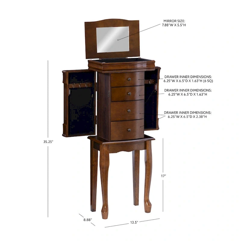 Serena Mirrored Walnut Standing Jewelry Armoire