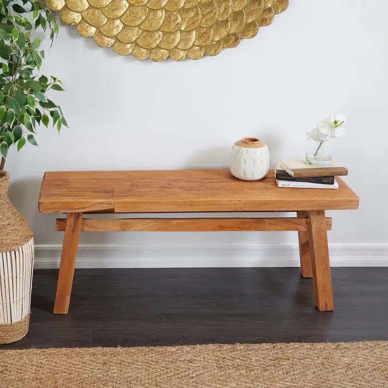 Reclaimed Wood Handmade Distressed Bench with High Trestle Legs - Brown - Roche River Decor - 14Wx47Lx19H