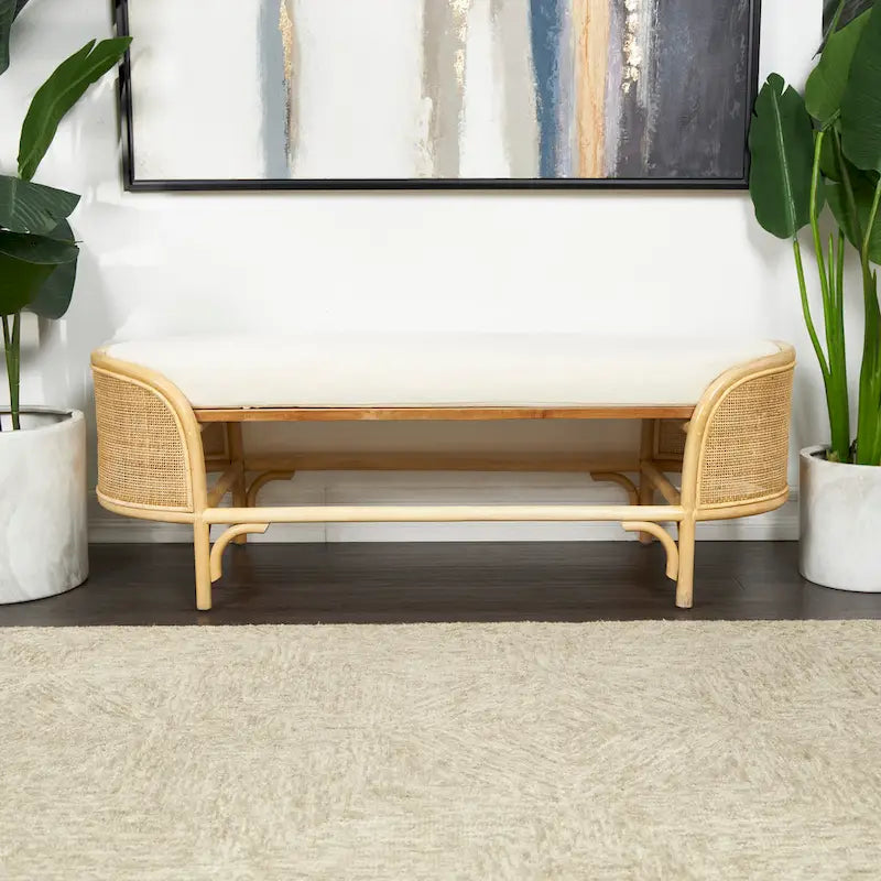 Rattan Handmade Oval Bench with White Fabric Cushion - Brown - Roche River Decor - 18Wx49Lx17H