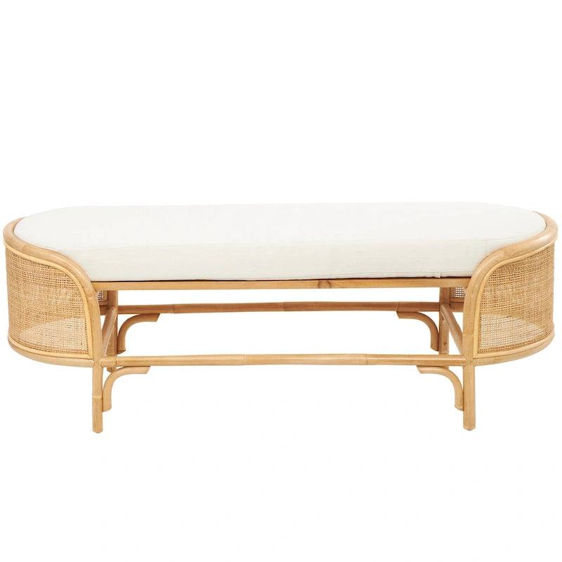 Rattan Handmade Oval Bench with White Fabric Cushion - Brown - Roche River Decor - 18Wx49Lx17H