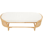 Rattan Handmade Oval Bench with White Fabric Cushion - Brown - Roche River Decor - 18Wx49Lx17H