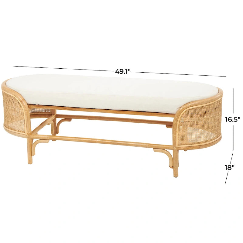Rattan Handmade Oval Bench with White Fabric Cushion - Brown - Roche River Decor - 18Wx49Lx17H
