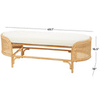 Rattan Handmade Oval Bench with White Fabric Cushion - Brown - Roche River Decor - 18Wx49Lx17H