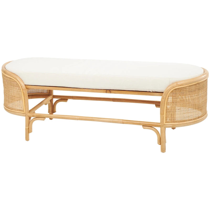 Rattan Handmade Oval Bench with White Fabric Cushion - Brown - Roche River Decor - 18Wx49Lx17H