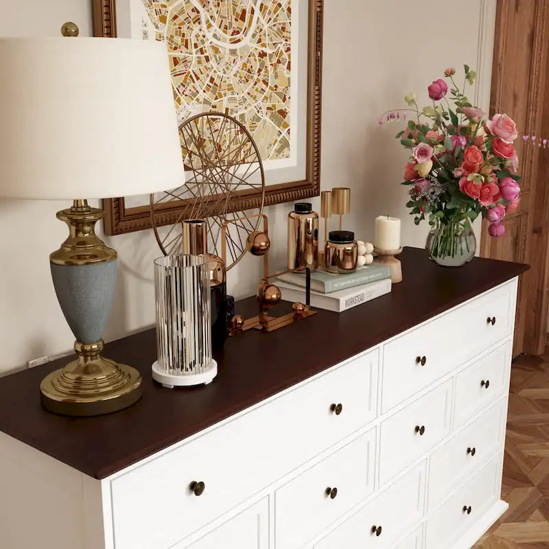 Chic Brown and White Dresser with Ample Storage Space Side Table