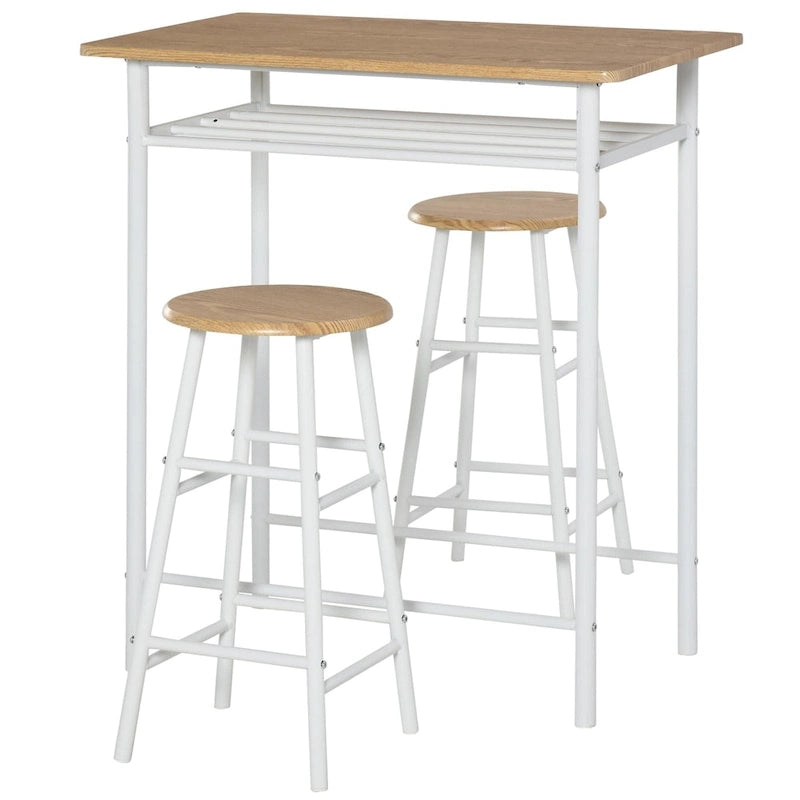 HOMCOM 3 Piece Bar Height Dining Furniture Set with 1 Table, 2 Matching Stools and Metal Frame Footrest