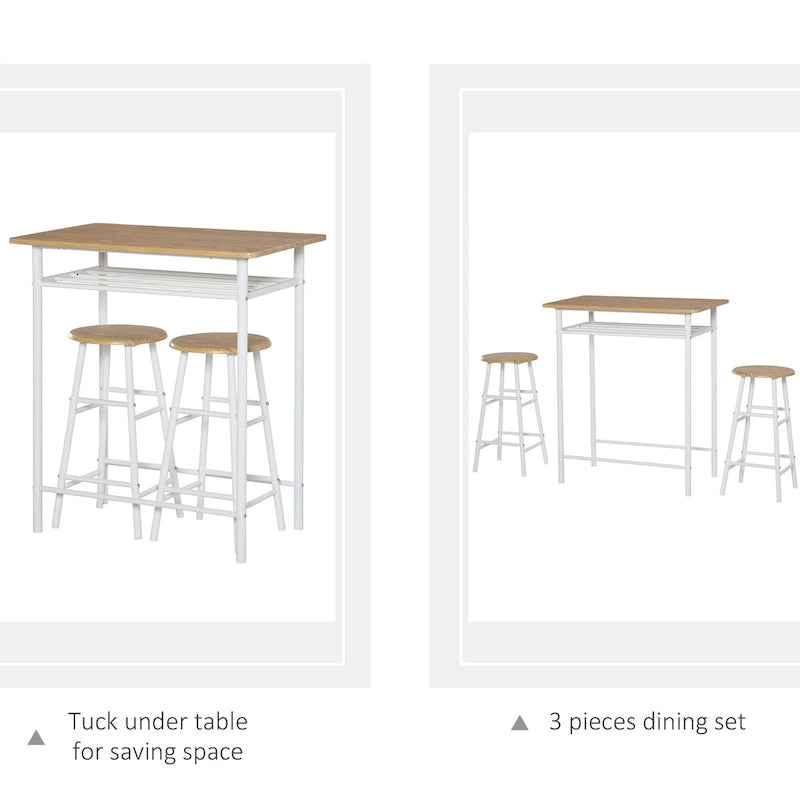HOMCOM 3 Piece Bar Height Dining Furniture Set with 1 Table, 2 Matching Stools and Metal Frame Footrest