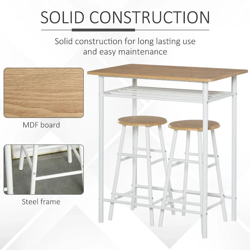 HOMCOM 3 Piece Bar Height Dining Furniture Set with 1 Table, 2 Matching Stools and Metal Frame Footrest