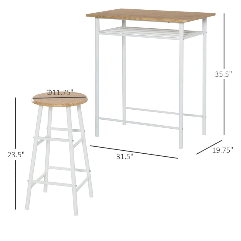 HOMCOM 3 Piece Bar Height Dining Furniture Set with 1 Table, 2 Matching Stools and Metal Frame Footrest