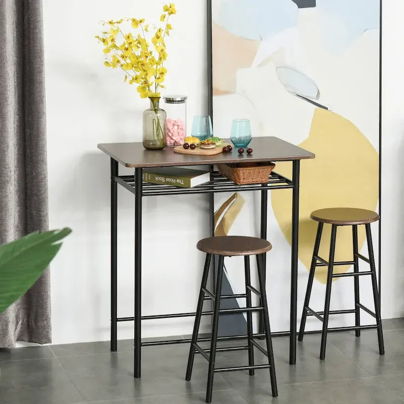 HOMCOM 3 Piece Bar Height Dining Furniture Set with 1 Table, 2 Matching Stools and Metal Frame Footrest
