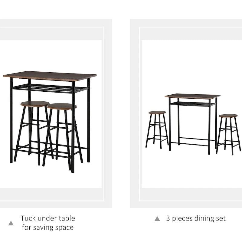 HOMCOM 3 Piece Bar Height Dining Furniture Set with 1 Table, 2 Matching Stools and Metal Frame Footrest