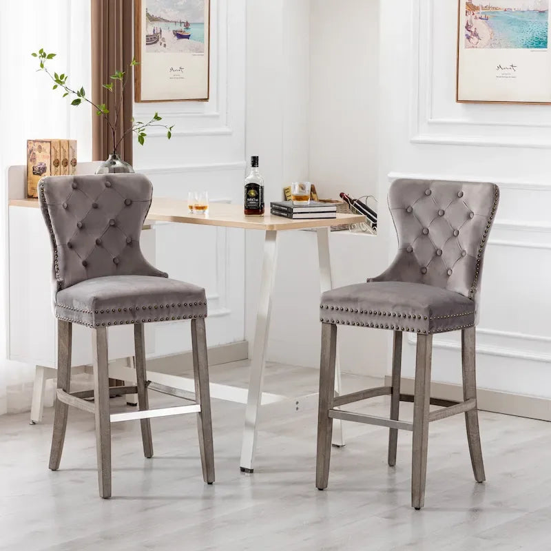 Carter 29  Wingback Tufted Nailhead Bar Stool (Set of 2), Antique Grey Legs