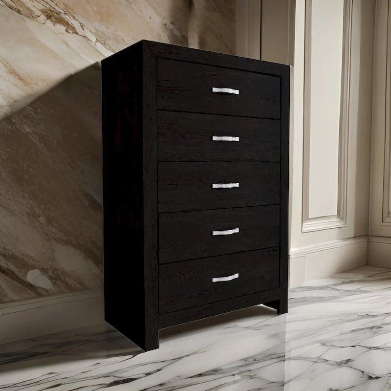 Ancy 48 Inch Tall 5 Drawer Dresser Chest, Faux Diamond Inlay Handles, Black