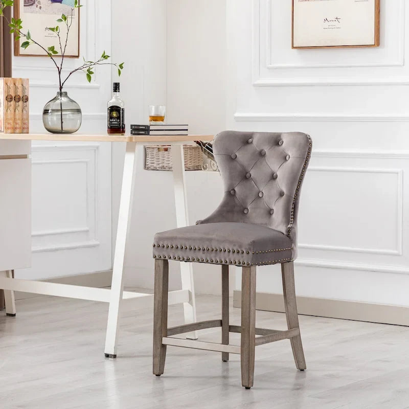 Carter 24  Wingback Tufted Nailhead Counter Stool with Antique Grey Legs