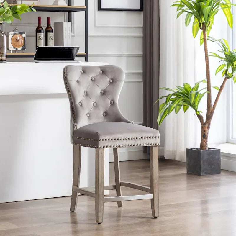 Carter 24  Wingback Tufted Nailhead Counter Stool with Antique Grey Legs