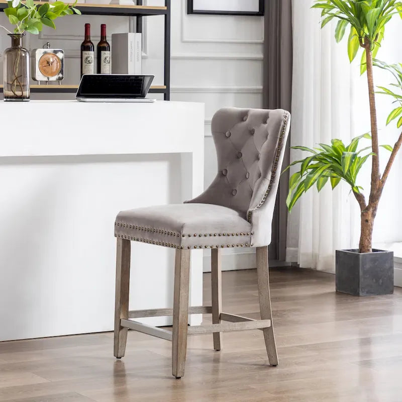 Carter 24  Wingback Tufted Nailhead Counter Stool with Antique Grey Legs