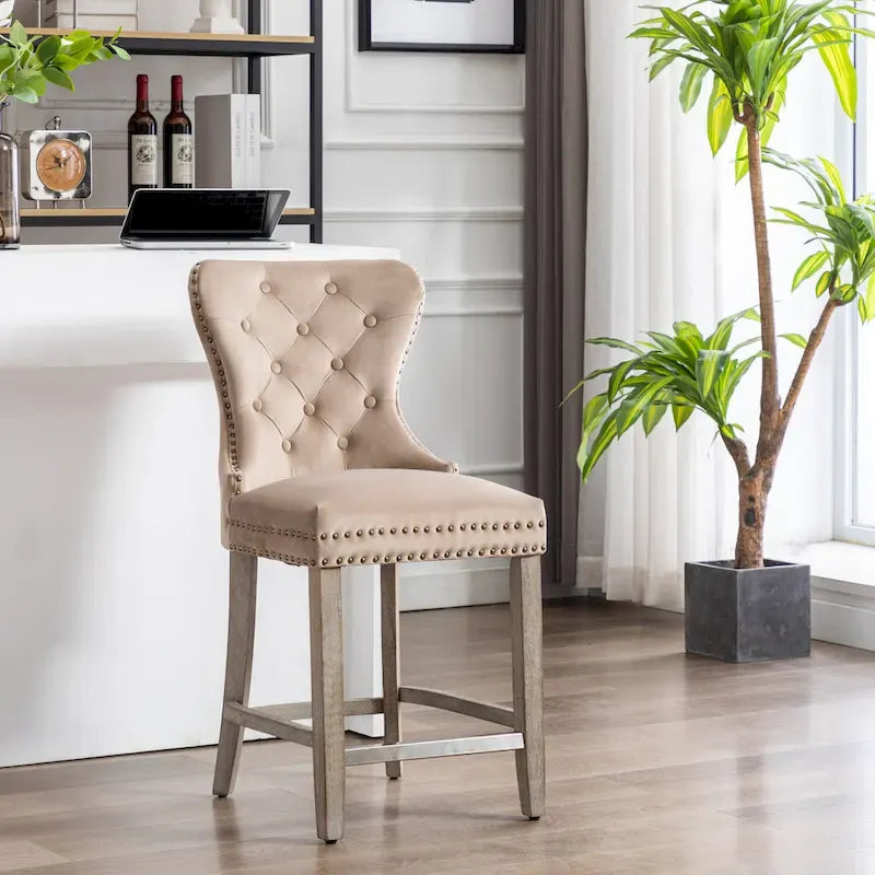 Carter 24  Wingback Tufted Nailhead Counter Stool with Antique Grey Legs