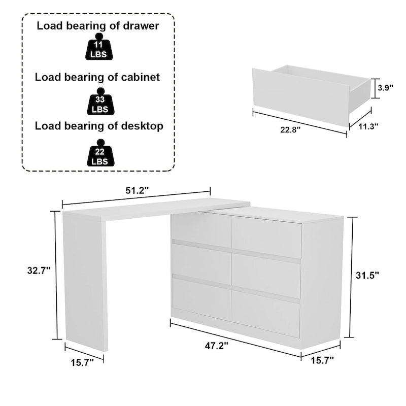 Makeup Desk Rotating Dresser and Desk 6 Drawer Dresser Vanity Makeup