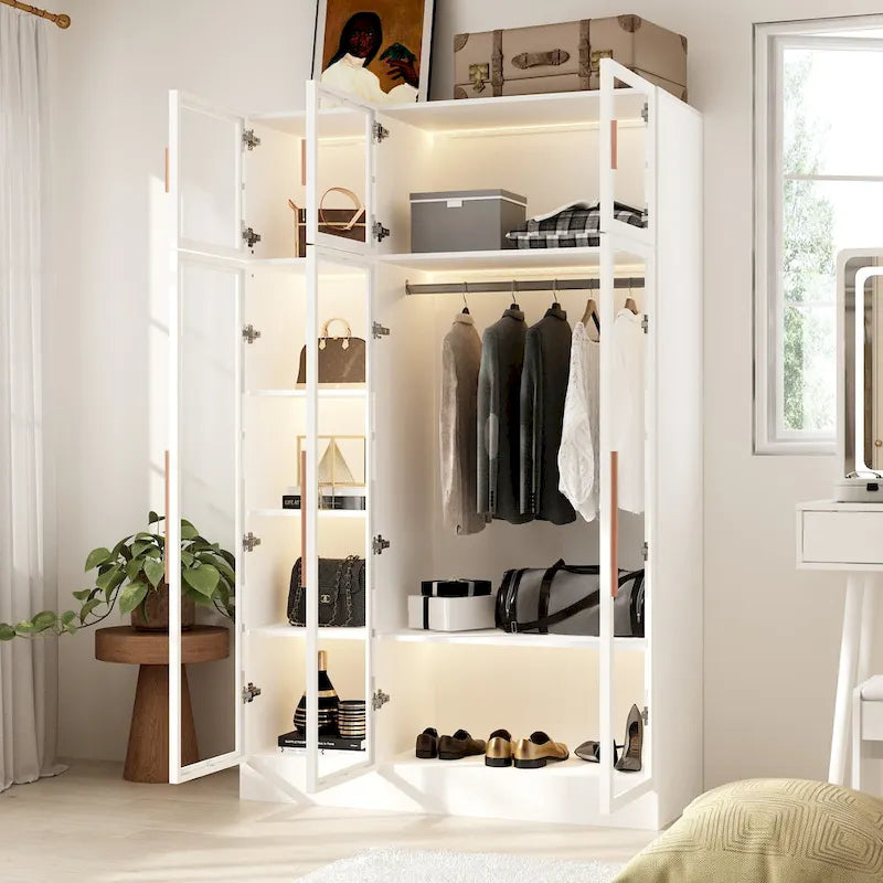 Lighted Modern Glass Door Wardrobe Armoire with Ample Storage - 47.2