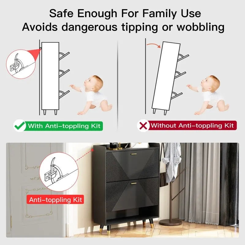 Black Shoe Storage Cabinet with 2flip Drawers, Entrance Shoe Rack Cabinet