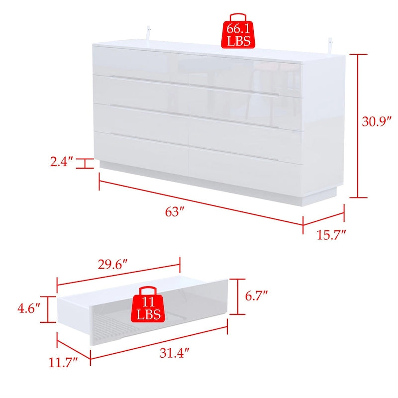 8 Drawer Double Dresser Dresser w/High Gloss Drawers Dual Chest Light