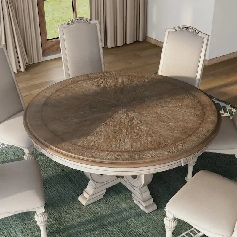 Caelum Farmhouse White Fabric Upholstered 7-Piece Round Dining Set By The Gray Barn