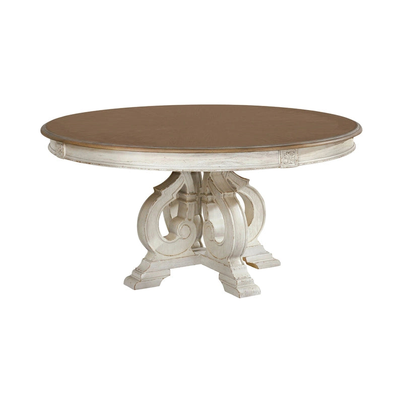 Caelum Farmhouse White Fabric Upholstered 7-Piece Round Dining Set By The Gray Barn