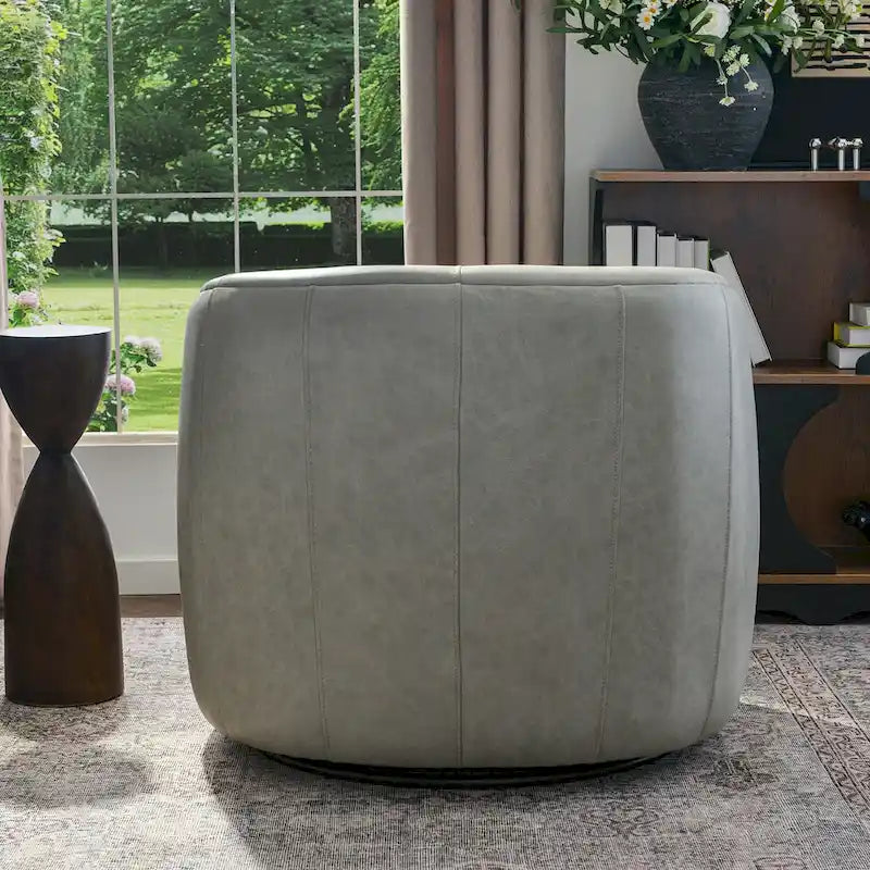 KINWELL Modern Top Grain Genuine Leather Swivel Armchair with Pillow