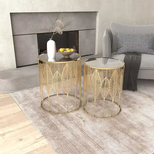 Adeco Gold Leaves End Tables Accent Coffee Nightstands Set of 2