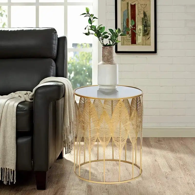 Adeco Gold Leaves End Tables Accent Coffee Nightstands Set of 2