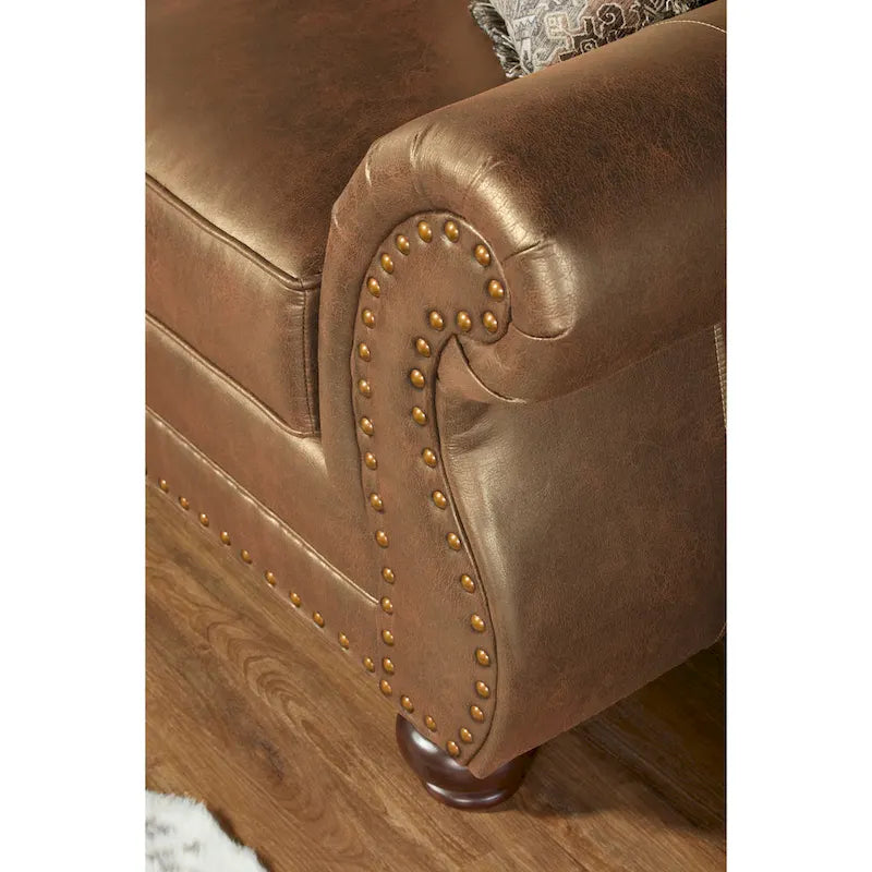 Roundhill Furniture Leinster Brown Fabric Nailhead Trim Sofa and Loveseat