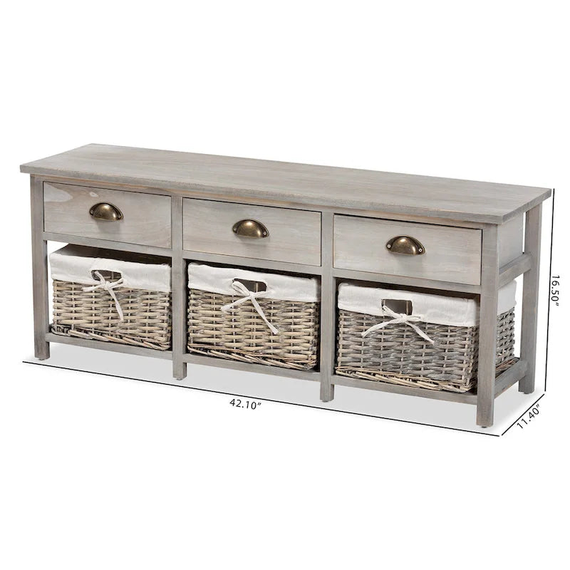 Mabyn Modern & Contemporary 3-Drawer Wood Storage Bench with Baskets