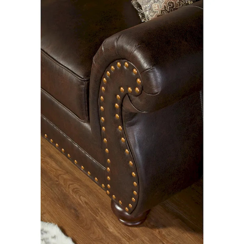 Roundhill Furniture Leinster Fabric Upholstered Nailhead Sofa and Loveseat Set in Espresso
