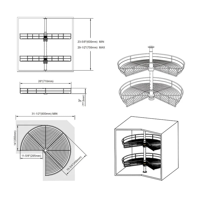 Dowell Lazy Susan 28 Diameter - 270 Degree Double Rack Stainless Steel
