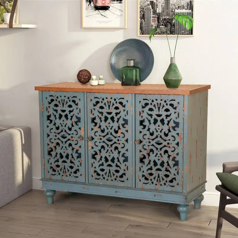 Retro Antique Hollow-Carved 3-door Storage Cabinet