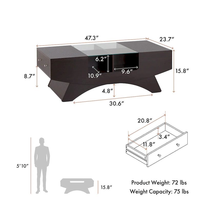 Furniture of America Angelic Contemporary Storage Coffee Table with Glass Insert