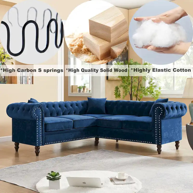 Deep Button Rolled Arm Classic Chesterfield L Shaped Sectional Sofa
