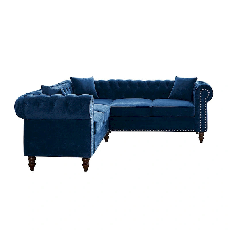 Deep Button Rolled Arm Classic Chesterfield L Shaped Sectional Sofa