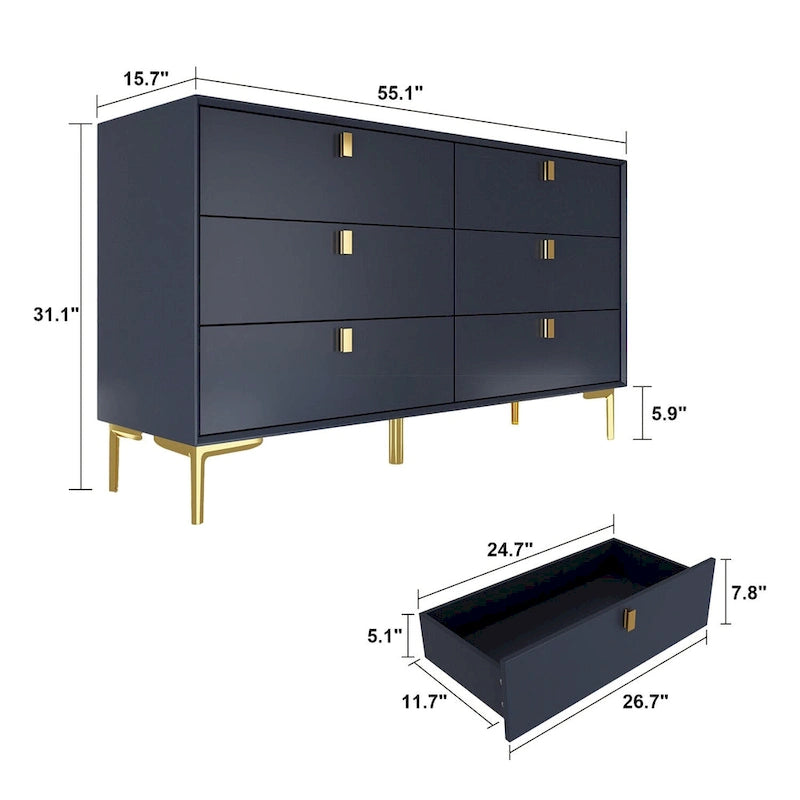 6 Drawers Storage Dresser Mid Century Chest of Drawer Sideboard