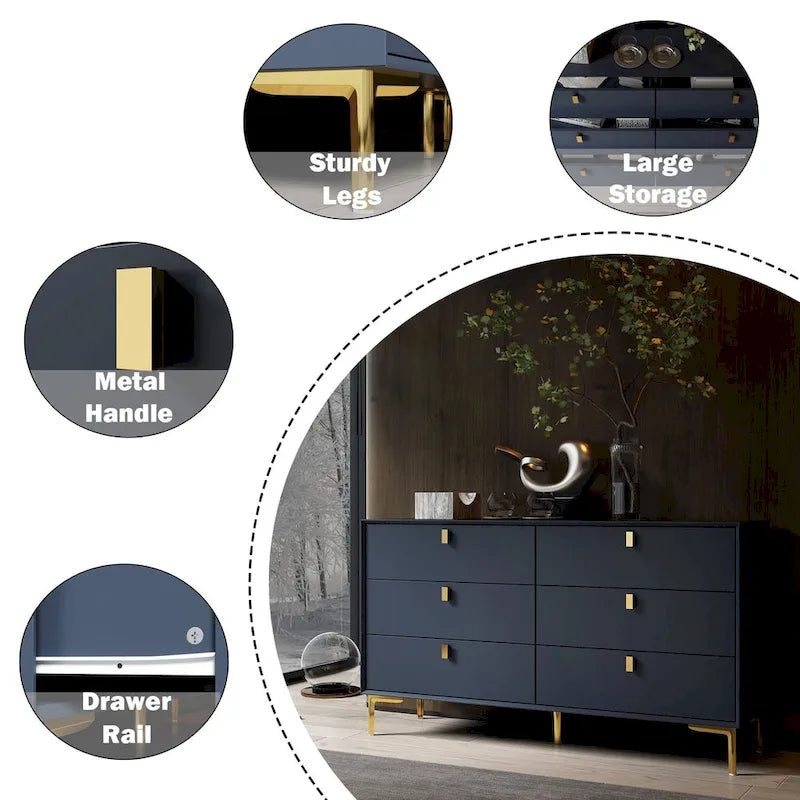6 Drawers Storage Dresser Mid Century Chest of Drawer Sideboard