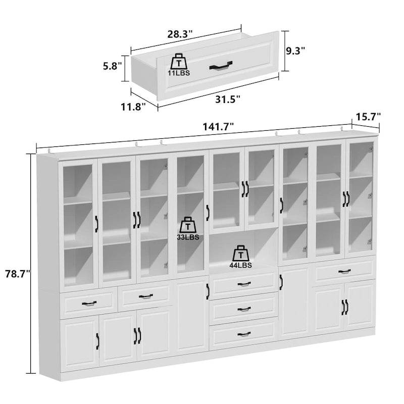 78.7 Modular White Curio Bookcase Cabinet w/Glass Doors Buffet Display
