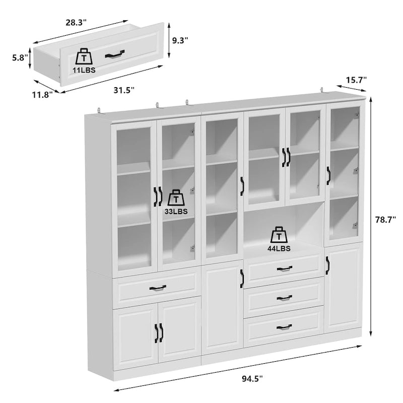 78.7 Modular White Curio Bookcase Cabinet w/Glass Doors Buffet Display