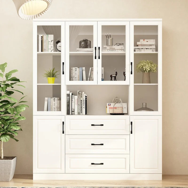 78.7 Modular White Curio Bookcase Cabinet w/Glass Doors Buffet Display