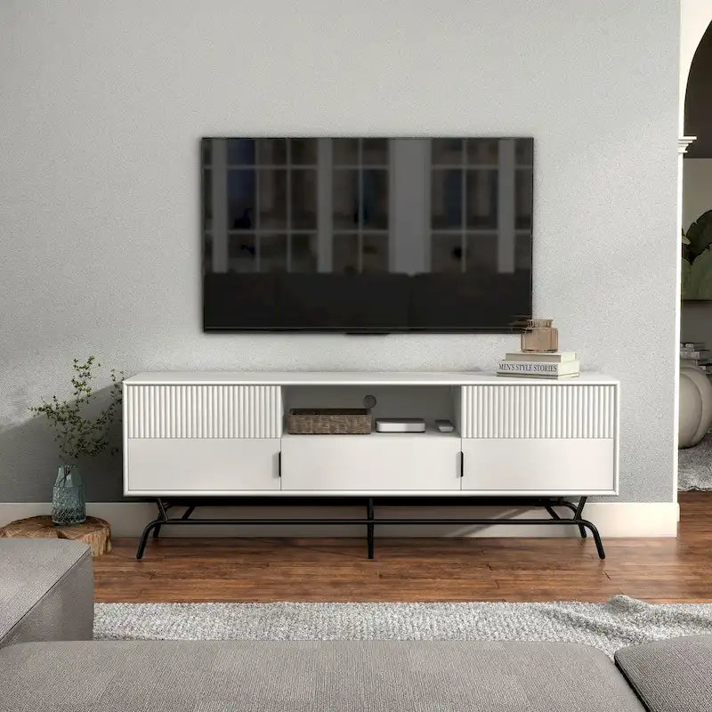 DH BASIC Modern 60-inch 3-Drawer Media Cabinet TV Stand with Cable Hole by Denhour
